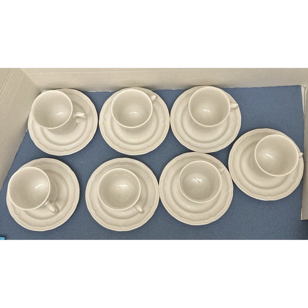 Stoneware Country White French Country Design Coffee Cup‎ with Saucer - Set of 7